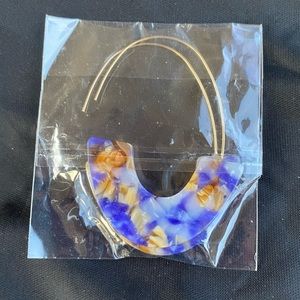 Acrylic Marbled Circle Earrings Blue and Yellow with Gold Hoops